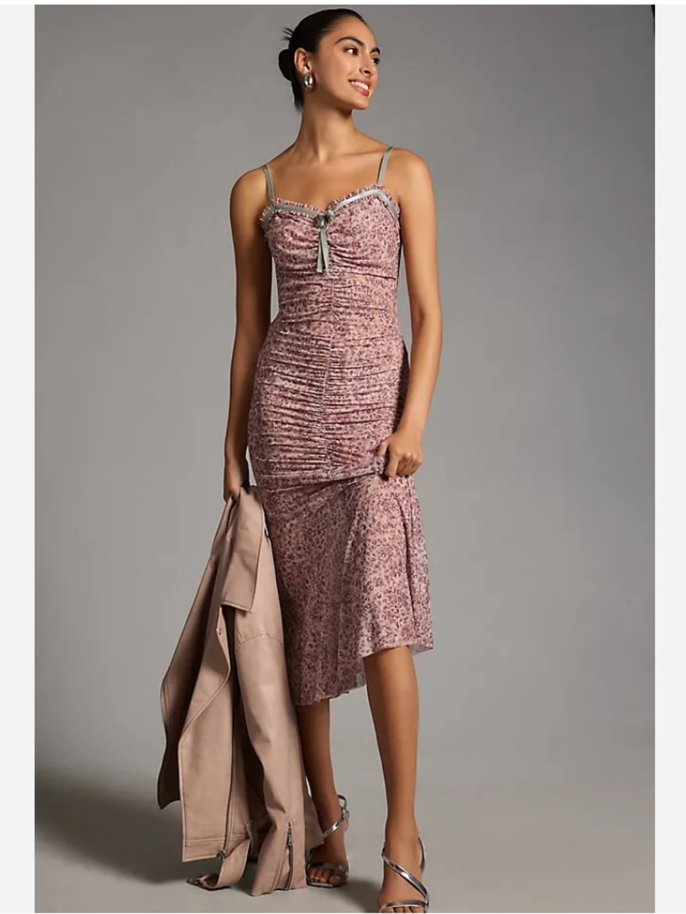 New Anthropologie Blush Pink Slip Midi Fitted Dress with Chain Detail Sz Large - Picture 5 of 8